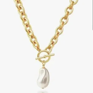 New?14k Gold Plated Elegant Gold Chain Necklace With Pearl Pendant